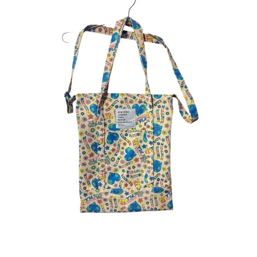 Be Kind to Our Planet Canvas Tote Bag Crossbody Cream Multicolor Eco Friendly